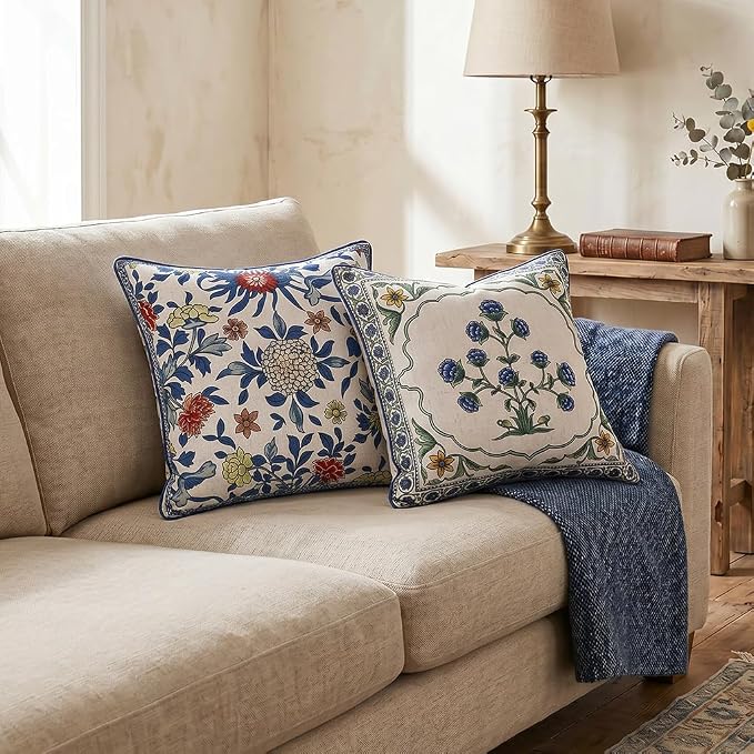 patdrea Designer Vintage Linen Throw Pillow Cover,18"x18",Set of 2-Ivar B | Decorative Pillow Case,Floral Pattern,White Pillow Cover for Couch Living Room Bedroom Sofa Outdoor