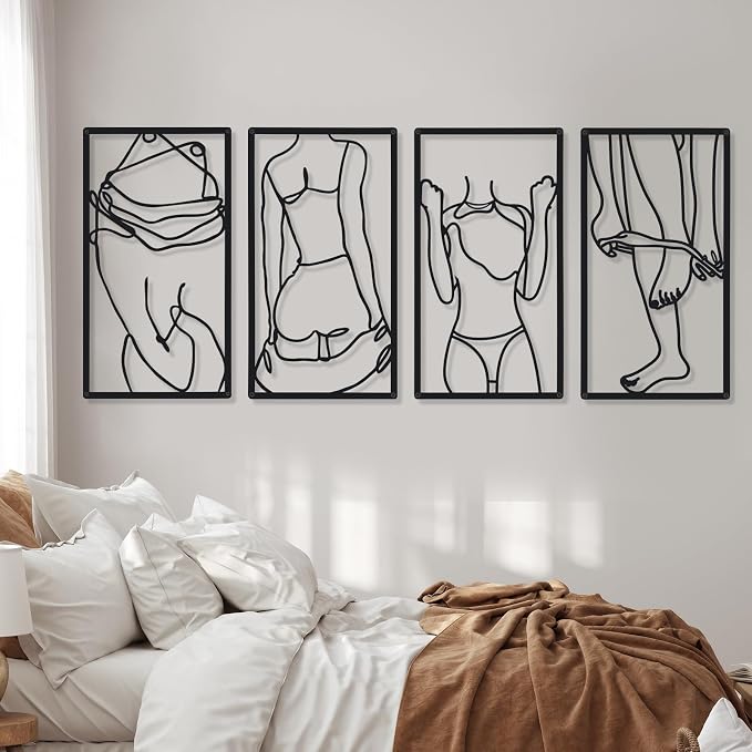 Cindeer 4 Pcs Metal Wall Art Decor Minimalist Abstract Woman Wall Art Line Drawing metal line art Home Hanging Art Decor for Bedroom Kitchen Bathroom Living Room(Classic,Black)
