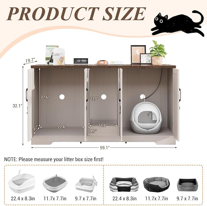 59.1" Cat Litter Box Enclosure for 2 Cats, Hidden Litter Box Furniture with Power Outlet & Removable Hallway, Lockable Door & Anti-Tip Design, Farmhouse Litter Box Cabinet with Magnetic Door, White