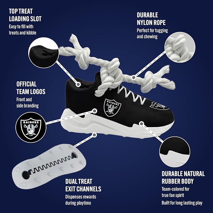 Pets First NFL Las Vegas Raiders Cleat Sneaker Spike Dog Toy, Football Treat Dispenser Chew Toy for Dogs, Interactive Rope Tug Toy, Slow Feeder Natural Rubber Dog Toy with Official Team Logo