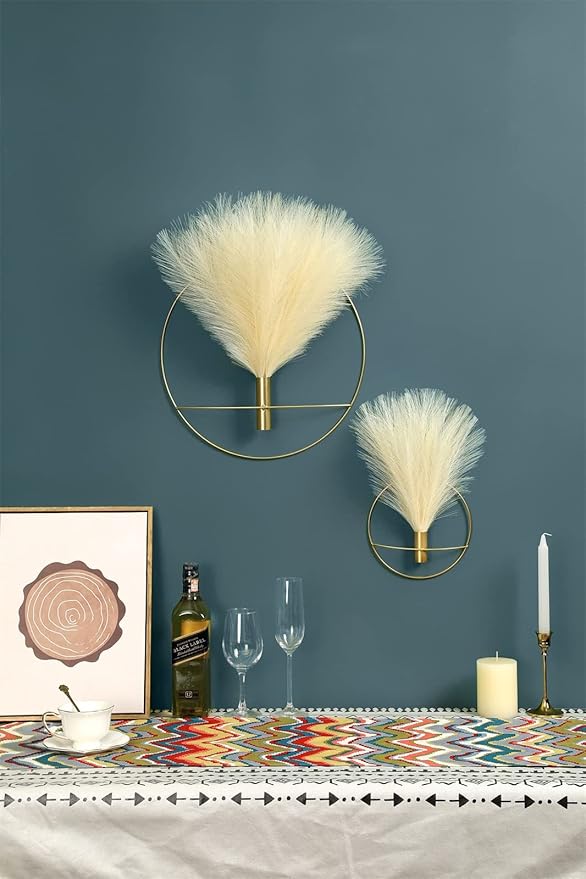 Pretty Jolly Boho Pampas Wall Decor Gold Metal Wall-Mounted Art | Morden Artificial Greenery Display，2 Pack Beige Hanging Planter For Living Room, Bedroom, Bathroom, Dining room