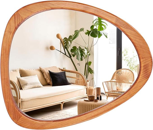 Asymmetrical Mirror, Irregular Wall Mirror for Bathroom, Bedroom, Living Room, Entryway, Hall - Walnut Wood Framed 23" H x 19" W