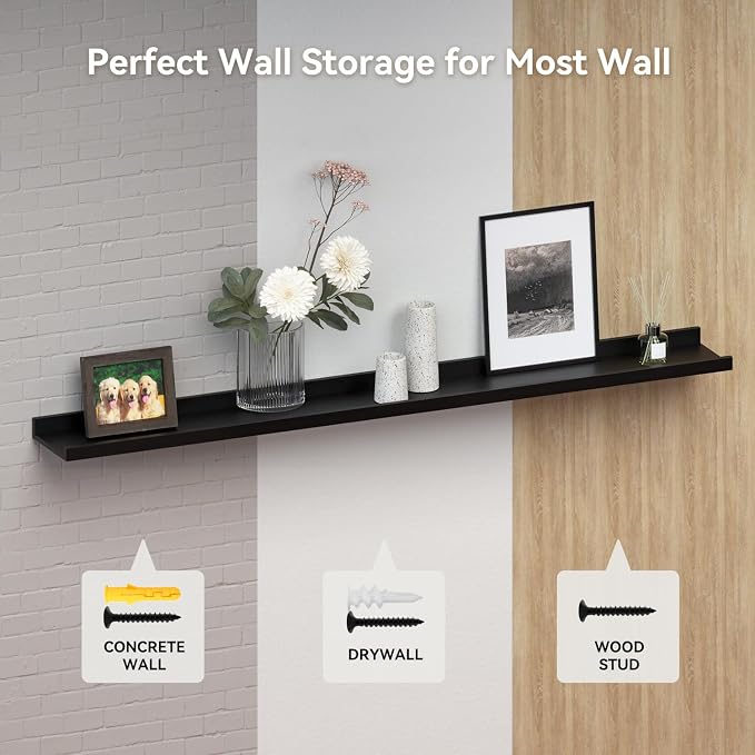 Boswillon Floating Shelves Set of 2, Long Wall Shelf with Lip, 56in, Black | Display Ledge Shelf for Room Wall, Wall Decor Shelves for Bathroom, Living Room, Bedroom, Kitchen, Nursery Room, Modern, Wood