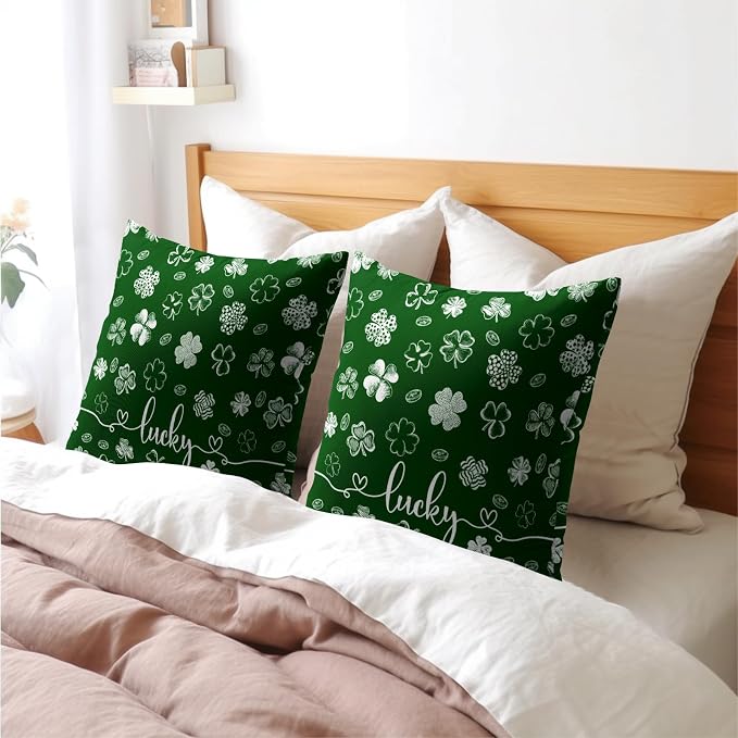 Kawani St Patricks Day Pillow Covers 18x18 Set of 2 Green Lucky Clover Shamrock Leaves Print Throw Pillowcases Cotton Linen Cushion Case for Living Room Couch Sofa Farmhouse Home Decor