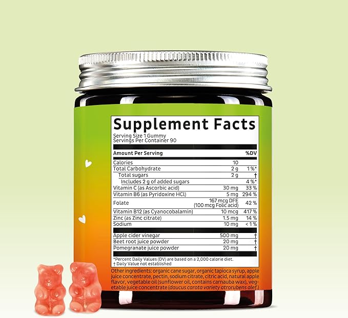 Bears with Benefits Apple Cider Vinegar Gummy Bears - Metabolism Booster Complex with Vitamin B6, B12, Iodine, Folic Acid - Well-Being & detoxification - Vegan - Balanced Gut (30 Gummies)
