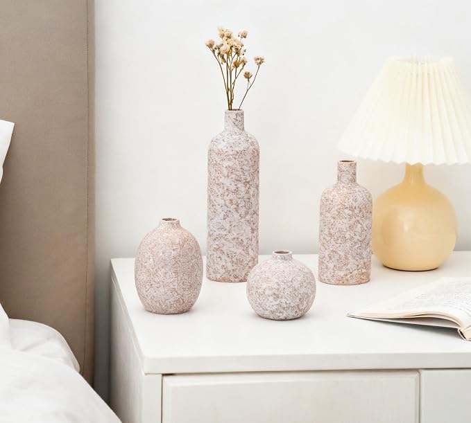 Ceramic Vase Set of 4, Classic Stone Style Small Vases Home Decorations for Table Shelf Office Centerpieces Decor