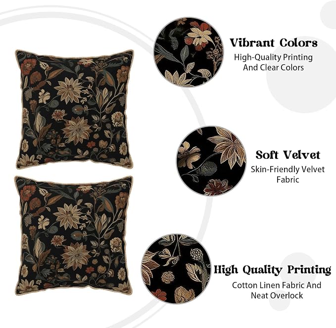 Black Boho Vintage Flowers Velvet Pillow Covers 20x20 Inch Retro Art Brown Floral Throw Pillows for Couch Cushion Covers Pillowcase Farmhouse Bohemian Pillow Cases for Sofa Bed Bedroom
