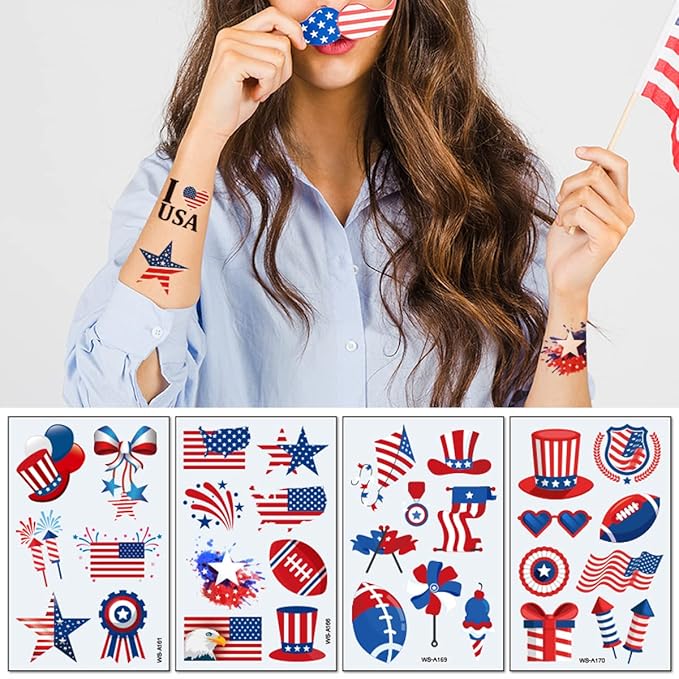 90Pcs Fourth of July Temporary Tattoos,American Flag Red White and Blue Fake Tattoo Stickers, 4th of July,USA Party Favors,Memorial Day, Independence Day, Labor Day Decorations Party Supplies