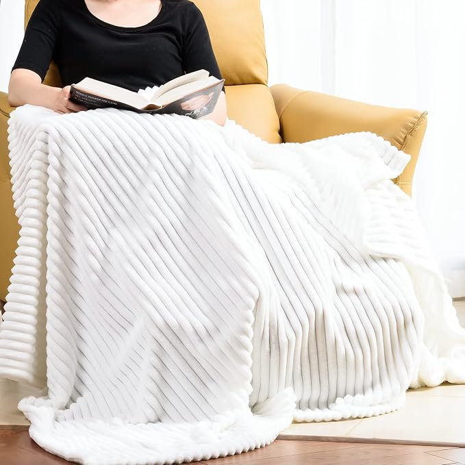 Vessia Flannel Fleece White Throw Blanket(50X70 Inch), Lightweight Warm and Soft Stripe Couch Blanket, Bed Blanket, Cozy Comfy Microfiber Ribbed Sofa Decor for All Season