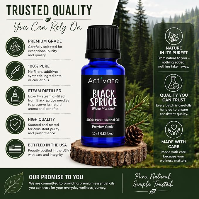 Black Spruce Essential Oil (Picea Mariana), 100% Pure Premium Grade, Steam Distilled Essential Oil for Diffusers, Aromatherapy, Massage, DIY Soap, Candle Making, Home Fragrance & Craft Projects, 10 mL