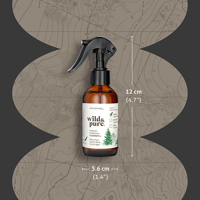 Wild & Pure EWG Verified Natural Body Wash Spray (4oz; Pack of 2) | pH Balanced, Microbiome-Friendly, Plant-Based | No-Rinse Cleanser, Deodorizer, Moisturizer | Face, Hands, Body | Refillable Skincare