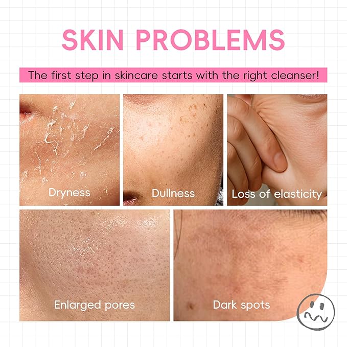 Sakura Collagen Skin Care Set - 5pcs Skincare with Facial Cleanser, Serum, Cream, Pink Facial Brush, Bunny Hair Band & Makeup Bag, Deep Cleansing, Hydrating, Firming, Even Tone, Radiance