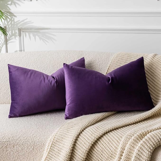 12x20 Throw Lumbar Pillow Covers Decorative Cushion Covers Set of 2,Purple | JUSPURBET Cozy Soft Velvet Pillowcases with Invisible Zipper for Modern Couch Sofa Bed Living Room Bedroom Home Decor