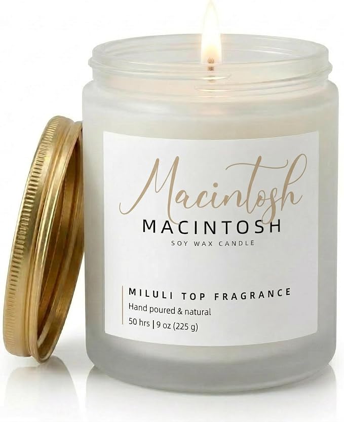 Macintosh Scented Candles for Home - 15% Essential Oil Luxury Aromatherapy - Handmade Natural Soy Wax Candle for Stress Relief & Relaxation - 9oz Frosted White Jar, 50H Clean & Non-Toxic Burn