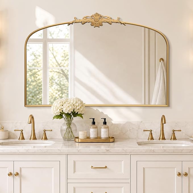 Besdomus Antique Arched Gold Mirror: 55"x36" Extra Large Decorative Mirrors | French Vintage Baroque Ornate Metal Frame for Home Renovation - Ideal for Double Vanity/Entryway/Fireplace Mantel/Living Room