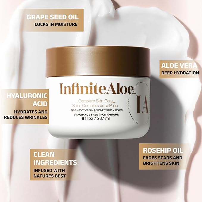 InfiniteAloe Complete Skin Care, Aloe Vera Powered Face and Body Cream for Dry Skin Relief, Fragrance Free - Large Jar 8 oz & 2 Travel Jar 0.5 oz