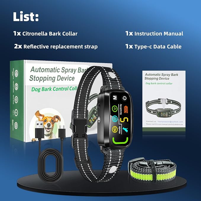 Citronella Bark Collar for Dogs, 5 Training Modes & Levels, No Spray Refill | Anti Barking Training Collar, beep/vibration/spray modes, IP65 waterproof, for S/M/L Citronella Dog Collar, with 2 straps