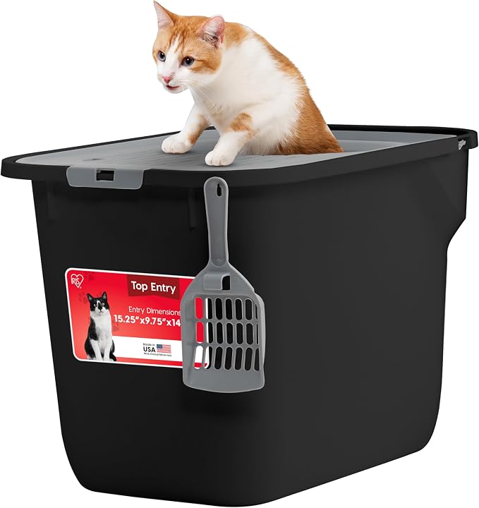 IRIS USA Large Top Entry Cat Litter Box, Hooded Privacy, Black/Gray | Dog-Free Zone, Mess Containment System, Enclosed Top Access, Dog Proof Pan, Reduced Tracking, Odor Trapping