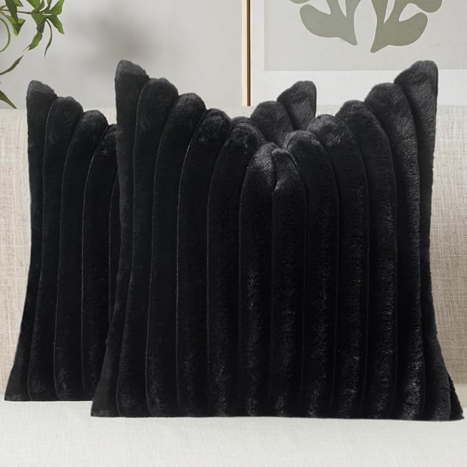 MIULEE Faux Fur Decorative Throw Pillow Covers 18x18 Set of 2 Black | French Modern Soft Plush Couch Pillows, Cozy Fluffy Cushion Covers for Sofa Bed Living Room Home Decor
