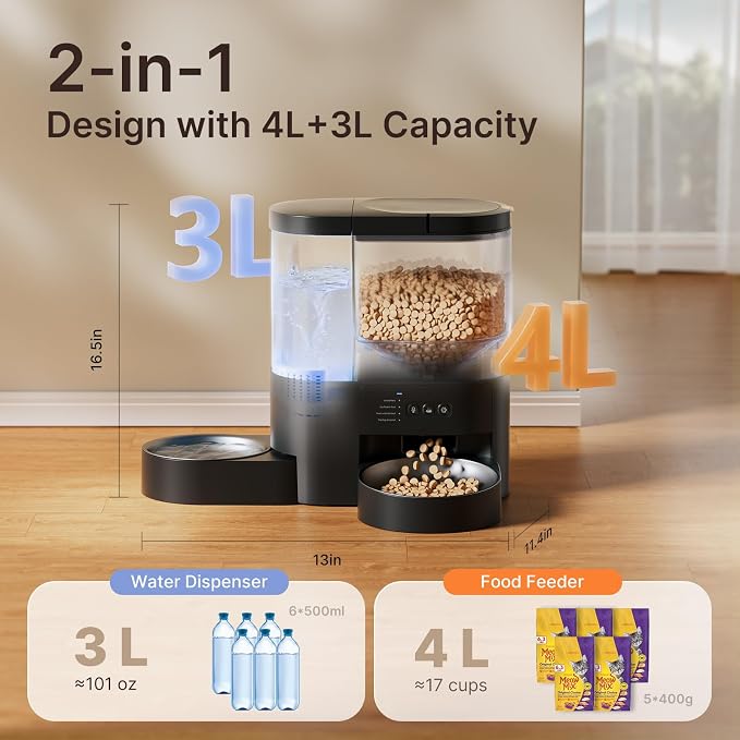 Automatic Cat Feeder and Water, 5G WiFi App Control Cat Dry Food Dispenser | 2-in-1 Auto Cat Feeder, 10s Voice Recording, 4L Food & 3L Gravity Waterer, 10 Meal 1-15 Portion Programmable for Multiple Pet