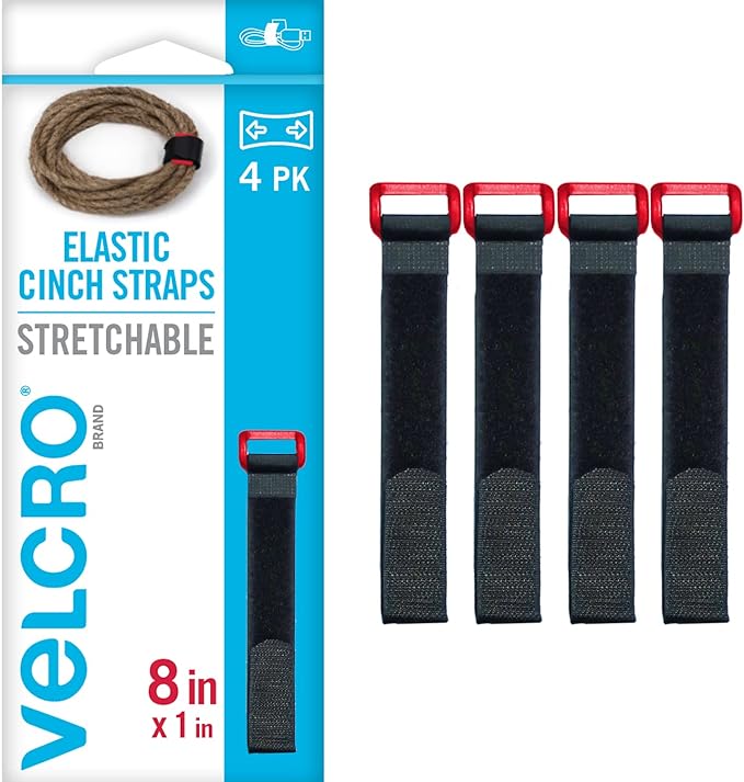 VELCRO Brand VEL-30791-AMS Elastic Cinch Straps with Buckle | 8in x 1in, Pk of 4 | Fully Adjustable and Stretch for Snug Fit | for Fastening Power Cords, Ropes, Organizing Cables, More | Black