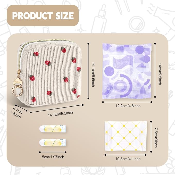 First Period Kit for Teen Girls, Bow Tie Corduroy Cute Sanitary Napkin Storage Bag, Menstrual Pad Bag Tampon Holder for Purse, First Period Gifts, Birthday/Christmas Gifts (Strawberry)