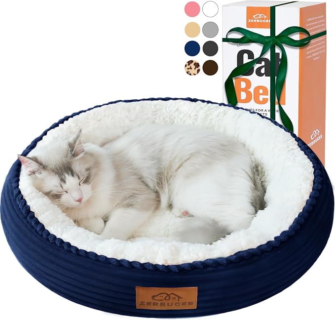 Zerbuger 20in Washable Cat Beds for Indoor Cats - Round Donut Pet Bed for Cats, Small Dogs, Puppy, Kitten - Anti-Slip Bottom, Calming Bed Gift - Navy Blue | for Small/Medium/Large Dogs Cats, Foam Pet Couch with Removable Mat Non-Slip Bottom, Pet Cuddle...