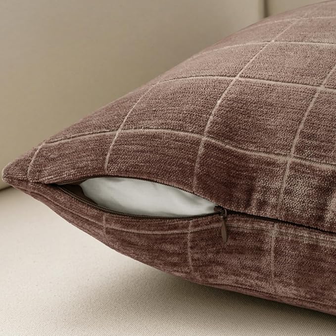 MIULEE Reddish Brown Plaid Fall Euro Throw Pillow Covers 24x24 Set of 2 | Vintage, Check Chenille Couch Pillows, Boho Farmhouse Cushion Covers, Modern Home Decor for Sofa Bed Living Room