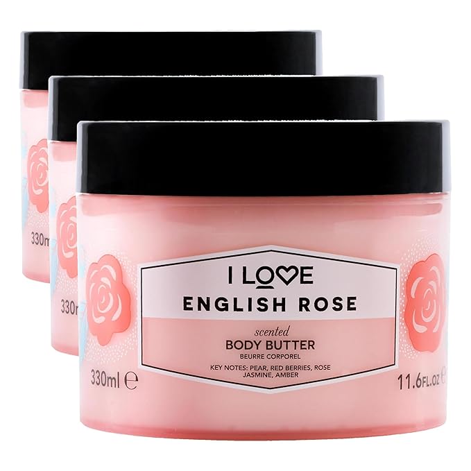 I Love English Rose Scented Body Butter - Hydrating Body Butter for Dry Skin - Vitamin E and Aloe Vera - Shea Butter and Coconut Oil - 10.1 oz (Pack of 3)