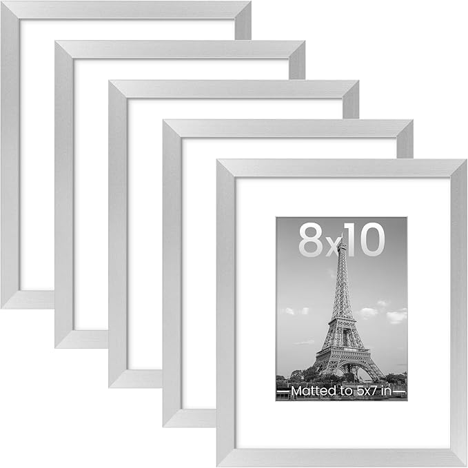 upsimples 8x10 Picture Frame, Gallery Wall Frames Set of 5, Silver | Photo Frame Collage Wall Decor, 8 x 10 Frame, 5x7 Frame with Mat for Family, Baby, Hallway, Christmas