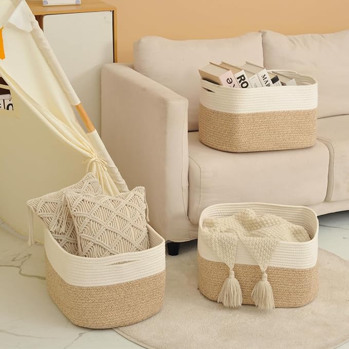 ICERZCZ Large Storage Baskets for Organizing Shelves, Woven Cotton Rope Bins for Baby Nursery Organization, Book Toy Towel Organizer, 17"x13"x9.5", 3 Packs, Off White & Brown