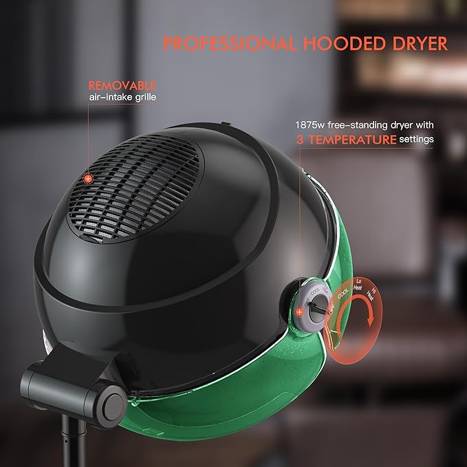 TASALON Professional Ionic Hooded 1875W Hair Dryer with 3 Temperature Settings, Transparent Glitter Visor, Side Switch, Rolling Wheels & Timer, Stand Blow Dryer for Salon, Spa and Home Use - Green