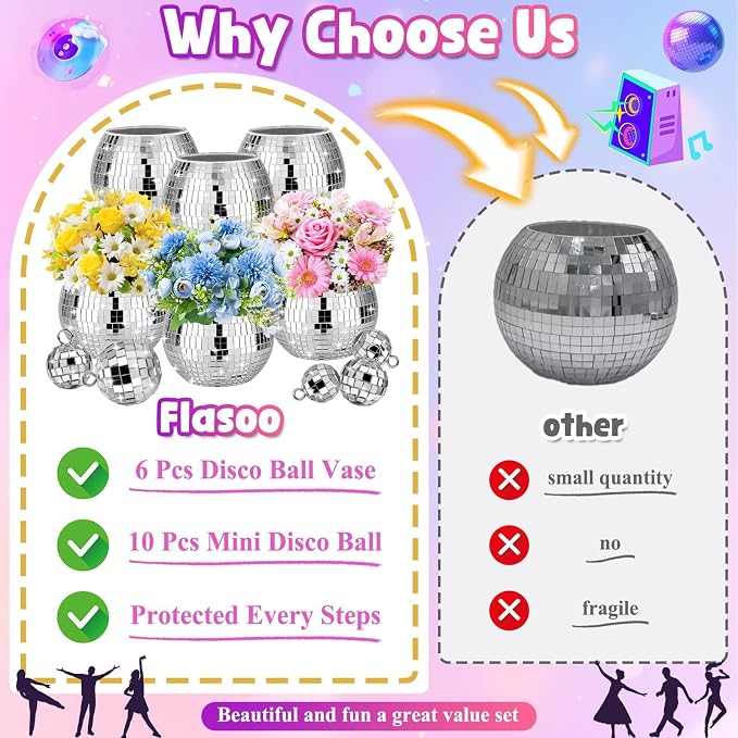 16 Pcs Disco Ball Vase Sets, 6 Pcs Disco Ball Vase Disco Ball Flower Vase & 10 Pcs Disco Balls with 3 Sizes, 3" X 4" Disco Ball Planter Candle for Wedding, Birthday, Party