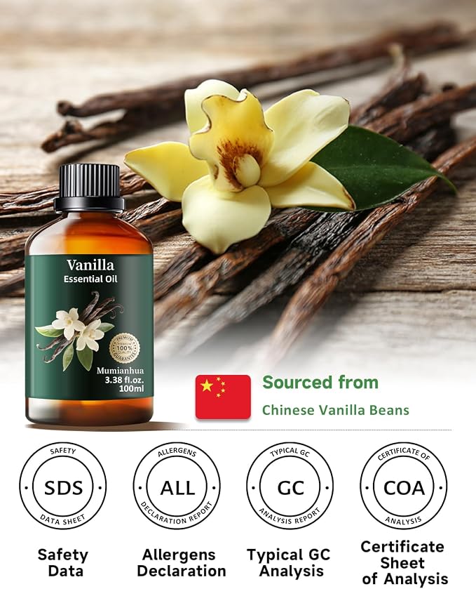 Vanilla Bean Essential Oil, for Diffuser, DIY & Skin Care, 3.38 Fl Oz | Mumianhua Vanilla Oil, Rich, Sweet, Creamy Aroma. For Perfume, Candle & Soap Making, Moisturizer & Diffusion