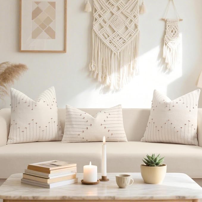 YCOLL Boho Outdoor Throw Pillow Covers 20x20 Set of 2 Neutral Woven Decorative Pillowcases Cotton Tufted Couch Pillows Modern Farmhouse Cushion Covers for Sofa Couch Bed Living Room Home Decor, Khaki