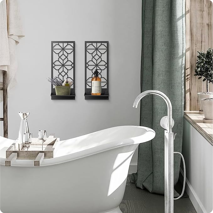Black Wall Candle Holder Set of 2, Farmhouse Bathroom Metal Wall Decor | 3D Wall Candle Sconces, Rustic Vintage Wall Art for Bedroom, Living Room (16.5 x 7 in)