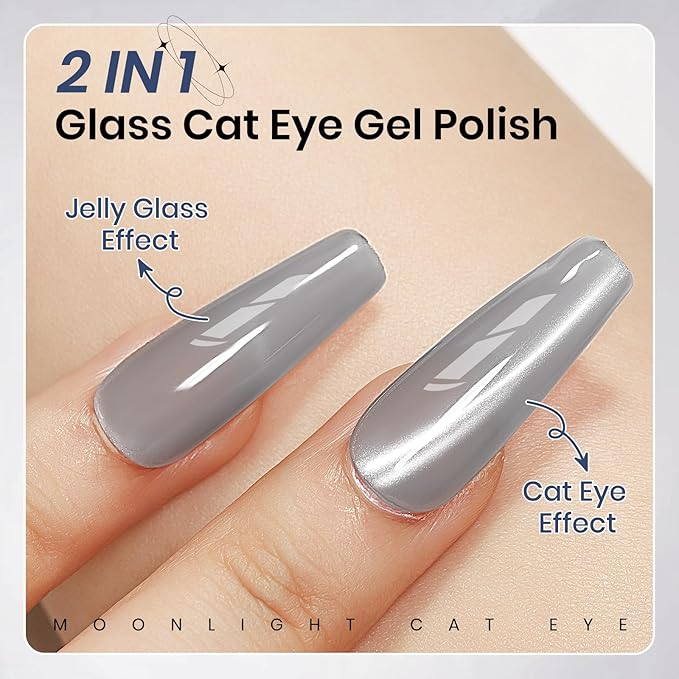Silver Cat Eye Gel Nail Polish, Glitter Holographic Gel Polish with Magnet Moonlight Jelly Glass Magnetic Gel Polish Soak Off U V Gel Salon DIY at Home,15ml/ 0.5 OZ