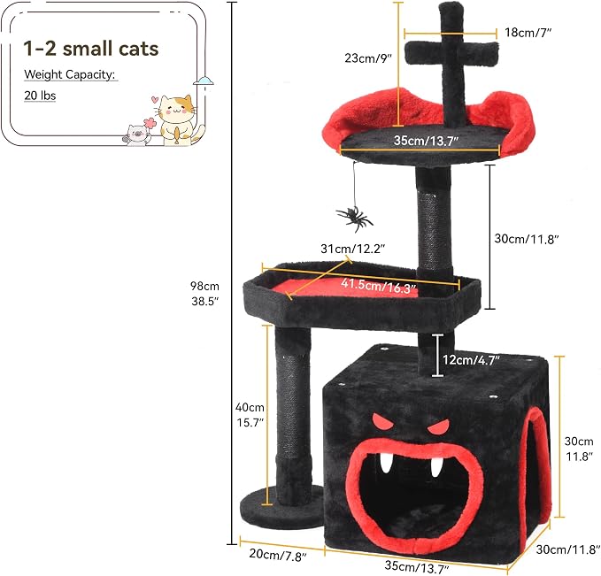 YITAHOME Gothic Cat Tree, 38.6 Inches Gothic Tower Condo with Scratching Post, Cat Tower for Indoor Cats, Sisal Pole, Soft Platform,Spider Hanging Ball, Black and Red