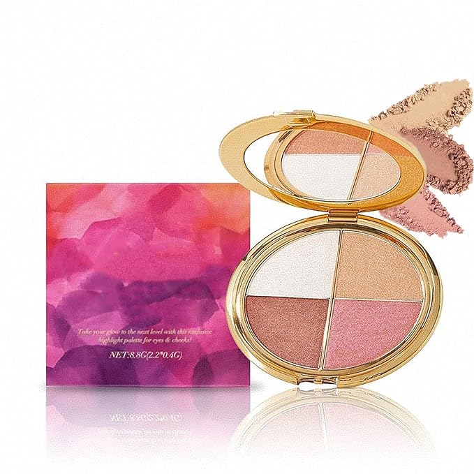 Eye & Cheek Palette - Eyeshadow and Highlighter Makeup, 4-In-1 Face Highlighter Palette for Women, Multi-Purpose Contour Blush and Glow with Mica and Silica, Long-Lasting Silky Texture Makeup Kit