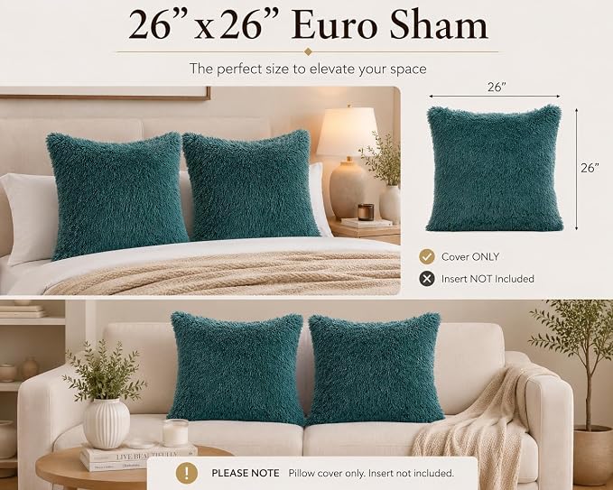REAFORT Long Hair Faux Fur Euro Sham Cover 26"x26" Hidden Zipper,Evergreen | Ultra-soft plush faux fur with a hidden zipper adds luxurious comfort and is machine washable for easy care.