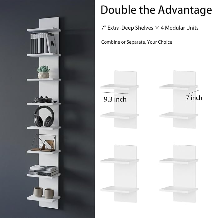Qupui 8 Tier Wall Shelf Unit, 10 Inch Floating Storage Home Decor Organizer Shelving for Bedroom Living Room, White
