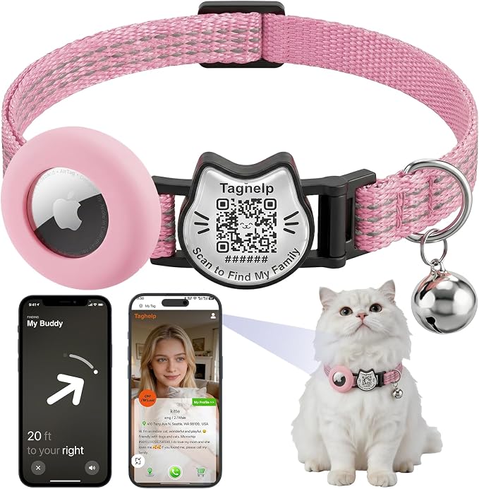 Cat Collar with AirTag Holder, QR Code Tag and Bell (Pink)