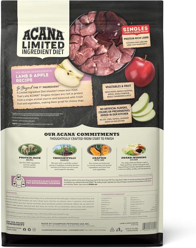 ACANA Singles Limited Ingredient Dry Dog Food Lamb & Apple 13lb Bag | Freeze Dried, Grain Free, High Protein, Made in the USA, Includes Probiotics, Omega-3 Fatty Acids, Limited Ingredient