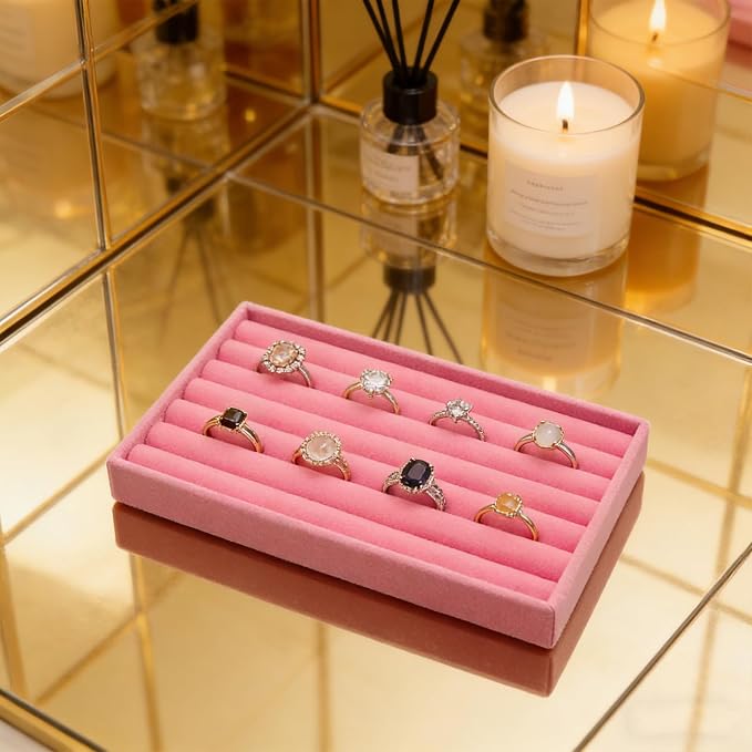 Velvet Jewelry Organizer Trays Pink 8 Rolls | Stackable Jewelry Storage Display Tray for Drawer or Dresser Organizer