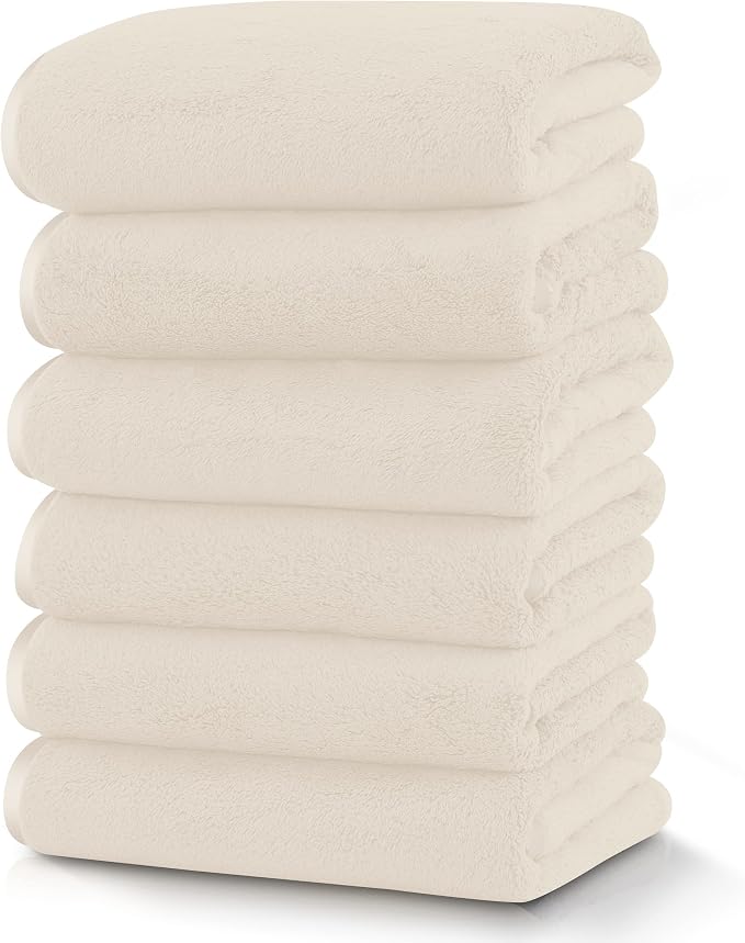 TENSTARS Silk Hemming Hand Towels for Bathroom - Quick Drying - Ultra Soft Microfiber Absorbent Towel for Bath Fitness, Gym, Shower, Hotel, and Spa - 16x28 Inch | Set of 6, Cream