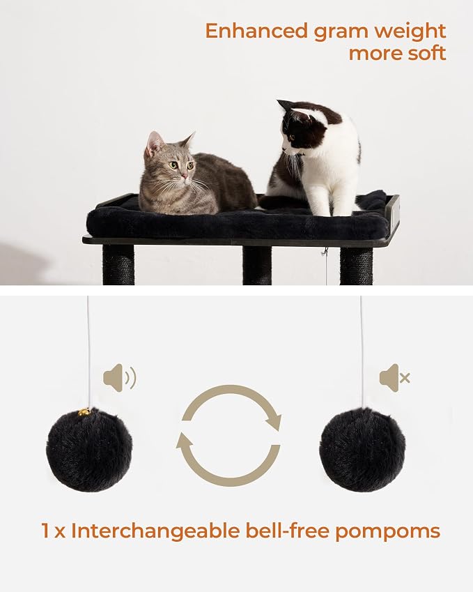 26.7in Cat Tree Tower Condo, Cat Scratch Posts for Indoor Cats, Big Plate, Three 23.6in Full Sisal Scratching Posts, Black