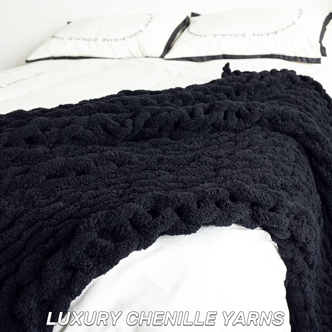 Chunky Knit Blanket - Luxury Soft Cozy 80 * 90 Throw Blanket,100% Woven Blanket Rope Knot Throw Blanket for Couch, Sofa, Home Decor, Gift - Machine Washable (Black, 80 * 90)