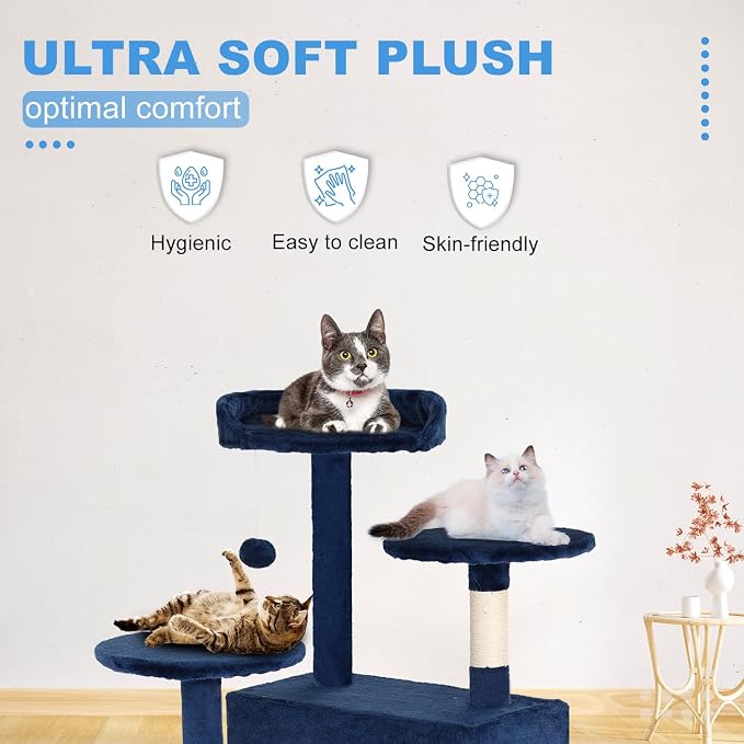 FDW | 54" Cat Tree Tower | Navy Blue | Multi-Level Indoor Activity Center | with Sisal Scratching Posts, Condos, Plush Perches, Hanging Cat Toys | Sturdy, Easy to Assemble | for Kittens & Adult Cats