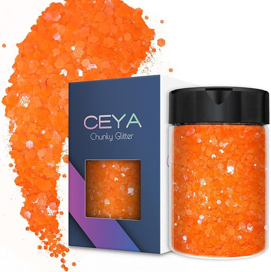 Ceya Chunky Glitter, 4.9oz/ 140g Orange Craft Fall Glitter Powder Mixed Fine Flakes Iridescent Nail Sequins for Halloween Pumpkin, Nail Art, Epoxy Resin, Tumblers, Slime, Painting, Festival Decor