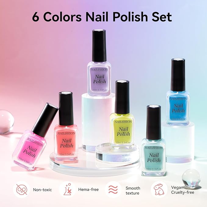 Rainbow Nail Polish Set 6 Colors Pink Coral Mint Sky Blue Lavender Azure Pastel Nail Polishes, Quick Dry, Non Gel, Opaque, Rich in Castor Oil, Nail Art DIY at Home Manicure Gift for Women